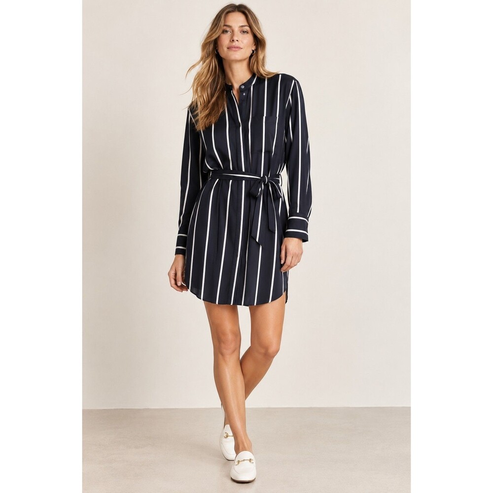 Equipment Femme Ravena Eclipse Noir Striped Tie Waist Shirt Dress XL Preppy